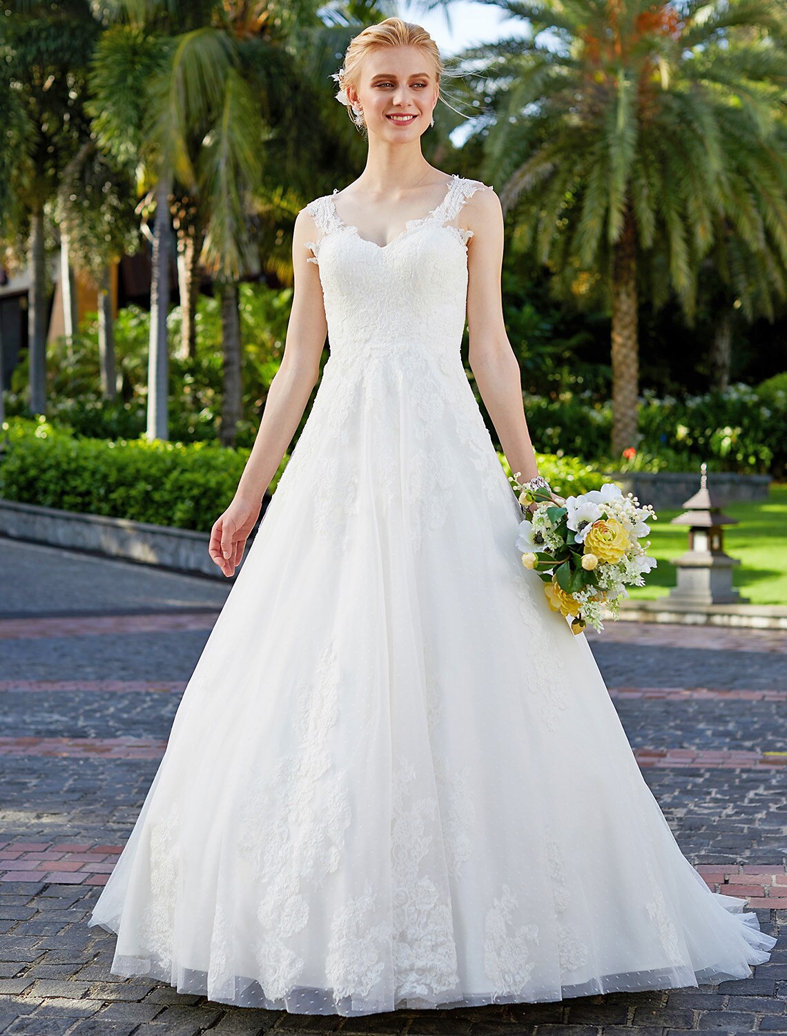 Luolandi Wedding Dresses Ball Gown V Neck Regular Straps Floor Length Tulle Over Lace Bridal Gowns